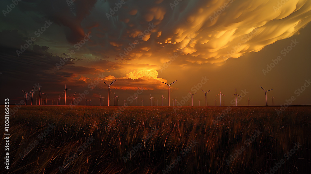 Fototapeta premium A row of wind turbines stand tall against a vibrant sunset sky with dramatic clouds.