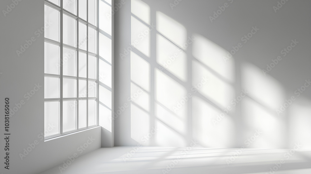 A minimalist, white room with a large window casting shadow patterns on the walls and floor.