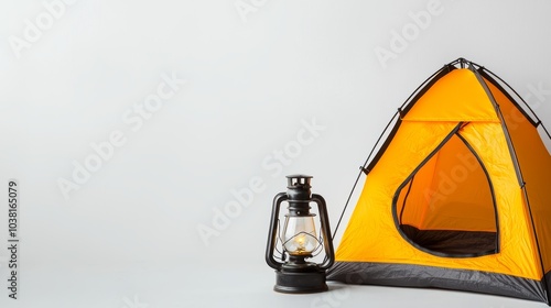 Bright Yellow Camping Tent with Vintage Lantern - Perfect Adventure Equipment for Camping and Climbing Enthusiasts photo