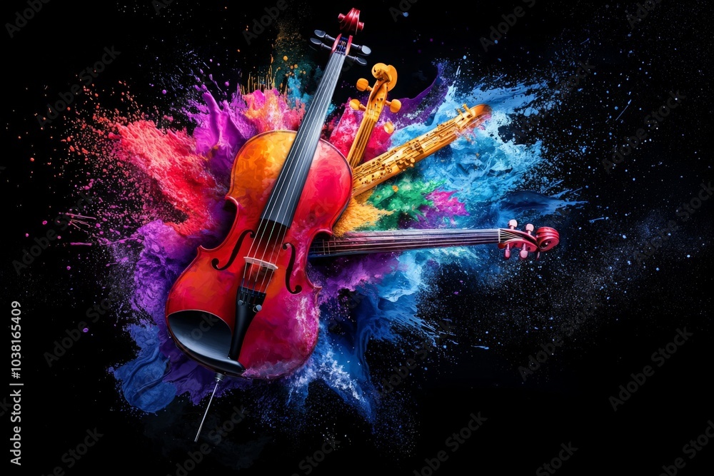 Fototapeta premium Vibrant Musical Instruments with Colorful Paint Splashes
