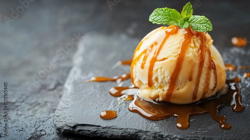 Caramelized pear and vanilla ice cream, isolated on a stone surface with caramel drizzle and decorative mint leaves