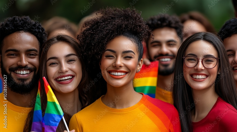 Pride Celebration: Diverse Group of Smiling People with Rainbow Flags Pride Celebration: Diverse Group of Smiling People with Rainbow Flags