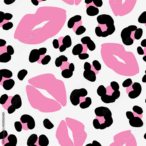 Pink lips and abstract leopard print on white background. Seamless pattern with kiss and exotic wild animal spot silhouette. Vector stock illustration