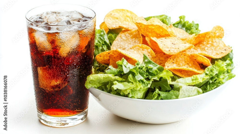Refreshing Lunch Break with a Cold Drink and Crispy Chips on a Bed of Fresh Lettuce Refreshing Lunch Break with a Cold Drink and Crispy Chips on a Bed of Fresh Lettuce