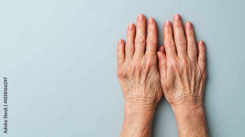 Close-up of Elderly Hands Showing Wrinkles and Age Spots on Light Blue Background Close-up of Elderly Hands Showing Wrinkles and Age Spots on Light Blue Background