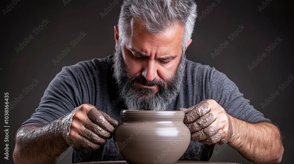The Potter's Touch: A skilled craftsman, hands covered in clay, meticulously molds a vessel on a pottery wheel. The raw material, the artist's focus. The Potter's Touch: A skilled craftsman, hands covered in clay, meticulously molds a vessel on a pottery wheel. The raw material, the artist's focus.