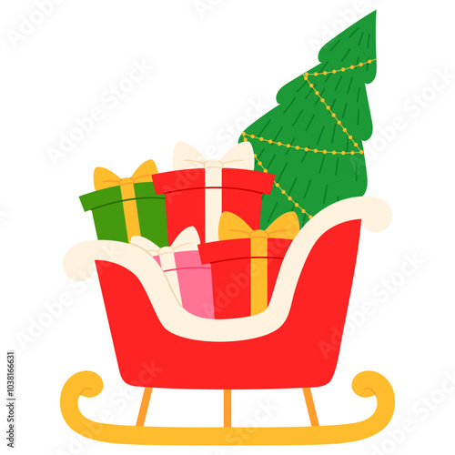 red sleigh truck with green, red, pink christmas gift and christmas tree illustration