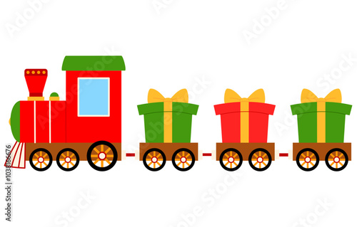 red and green train truck with red and green gift box with yellow bow illustration