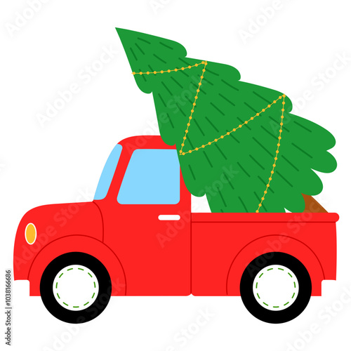 red pickup truck with christmas tree illustration