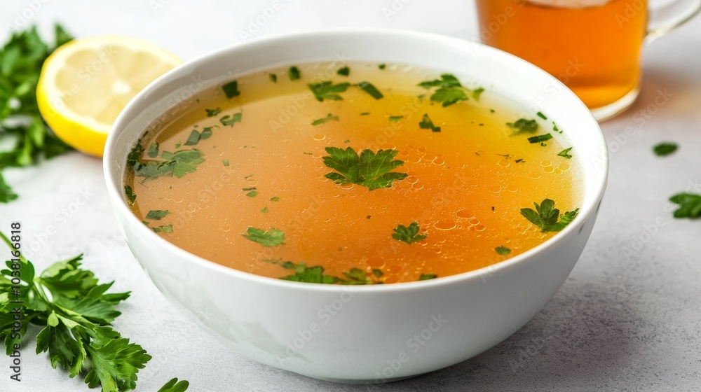 Delicious Homemade Chicken Broth in a White Bowl with Fresh Parsley and Lemon on a Light Background Delicious Homemade Chicken Broth in a White Bowl with Fresh Parsley and Lemon on a Light Background
