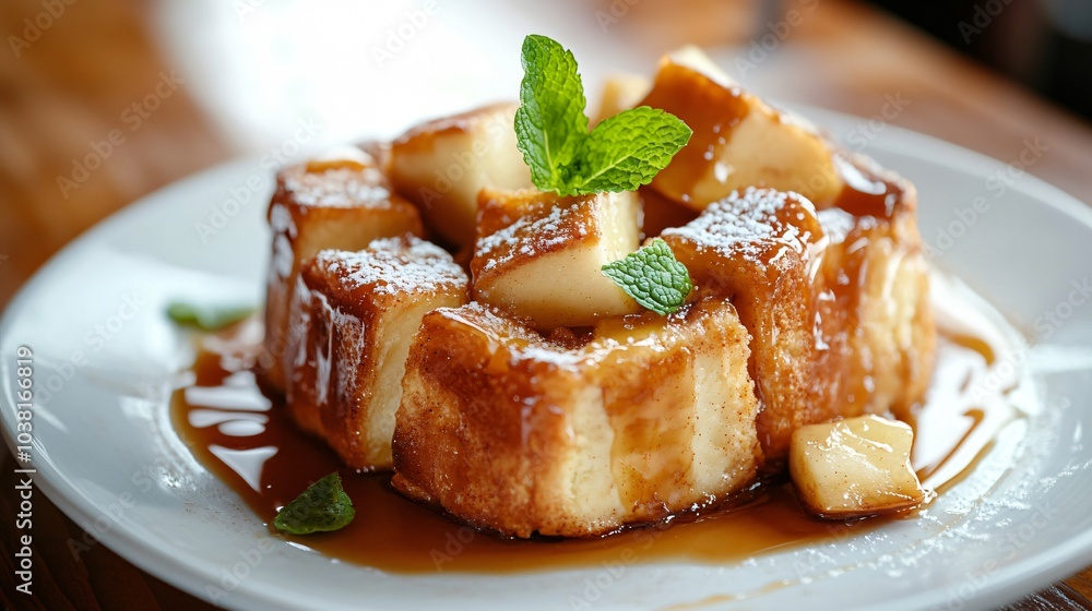 Pear and cinnamon bread pudding, isolated on a white ceramic plate with a drizzle of caramel and fresh mint