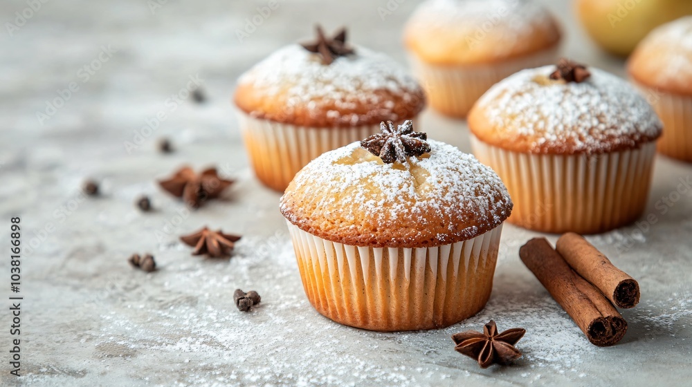 Pear and cinnamon muffins, isolated on a light stone background with powdered sugar and cinnamon sticks as decoration Pear and cinnamon muffins, isolated on a light stone background with powdered sugar and cinnamon sticks as decoration