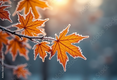 Frosty Mornings: A Mesmerizing View of Maple Leaves Covered in Frost, Celebrating the Coolness of Autumn in Stunning