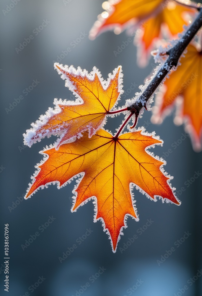 Autumn's Elegance: Frost Adhering to Brilliant Maple Leaves, Showcasing Nature's Palette in High Definition and Captivating Warm Light Autumn's Elegance: Frost Adhering to Brilliant Maple Leaves, Showcasing Nature's Palette in High Definition and Captivating Warm Light
