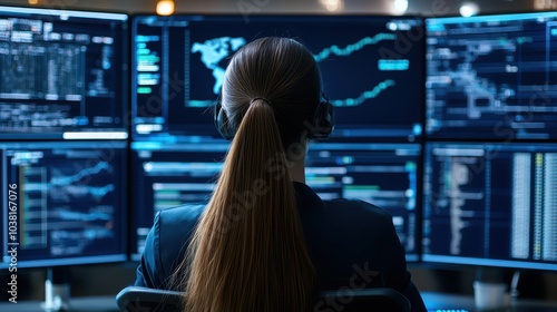 Female Cybersecurity Analyst Vigilantly Monitoring Network Security Across Multiple High-Tech Screens in a Modern Office Environment photo