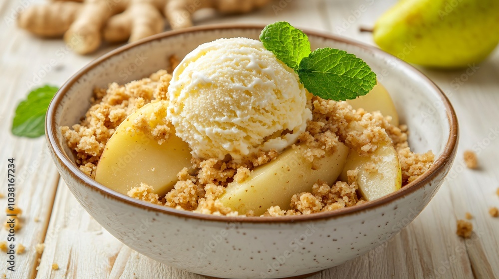 Pear and ginger crumble, isolated on a light wooden surface with a scoop of vanilla ice cream and mint leaves as garnish Pear and ginger crumble, isolated on a light wooden surface with a scoop of vanilla ice cream and mint leaves as garnish