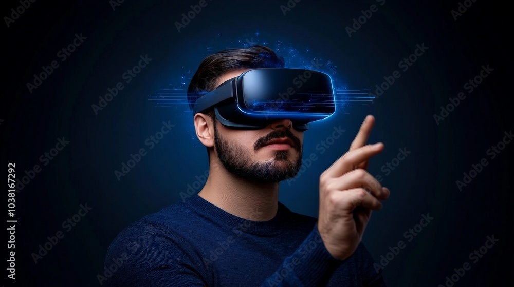 Man Exploring Metaverse: A bearded man with a focused expression uses a VR headset, his finger extended as if interacting with a digital world. The image conveys innovation, technology. Man Exploring Metaverse: A bearded man with a focused expression uses a VR headset, his finger extended as if interacting with a digital world. The image conveys innovation, technology.