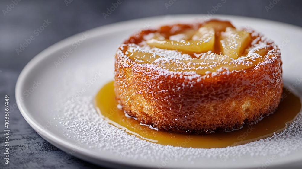 Pear and ginger upside-down cake, isolated on a white plate with a sprinkle of powdered sugar and caramel drizzle Pear and ginger upside-down cake, isolated on a white plate with a sprinkle of powdered sugar and caramel drizzle