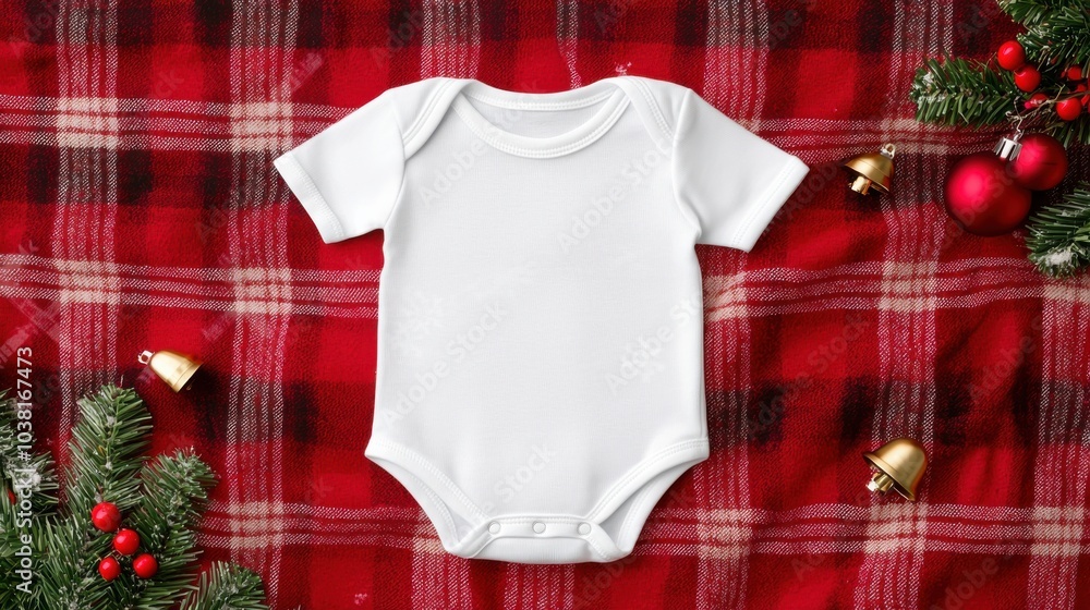 White baby onesie on festive plaid background. White baby onesie on festive plaid background.