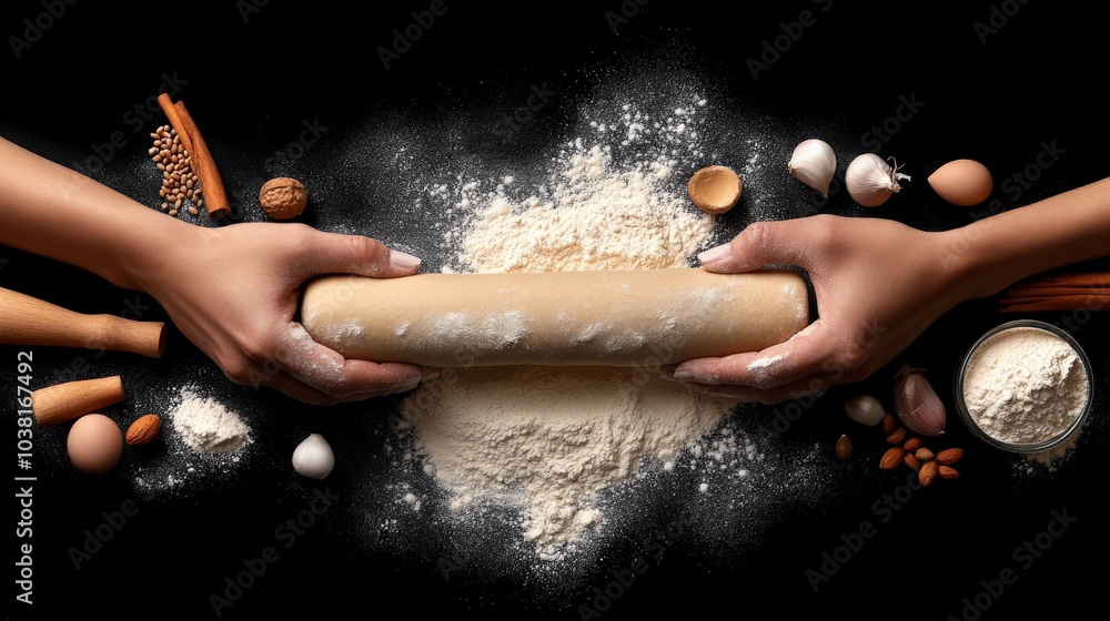Fototapeta premium Artisan Baker's Hands Kneading Dough: A top-down, close-up shot showcasing hands skillfully rolling dough on a dark background, surrounded by baking ingredients.