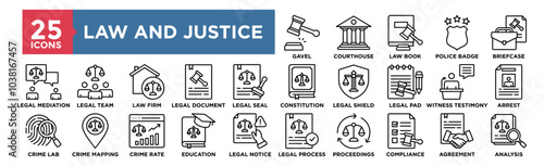  Law and Justice icon collection set. Containing design justice, lawyer, legal, concept, court, judge, legislation, attorney