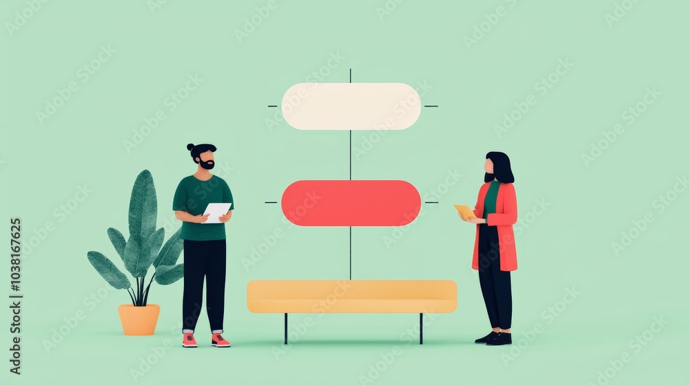 Illustration of Customer Journey Concept with Two People Analyzing Data and Interacting with a Flowchart on a Green Background Illustration of Customer Journey Concept with Two People Analyzing Data and Interacting with a Flowchart on a Green Background
