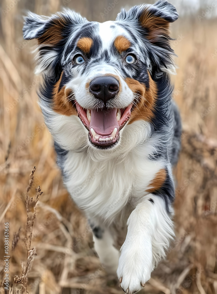 Happy Australian Shepherd Dog Running Through Field. Happy Australian Shepherd Dog Running Through Field.