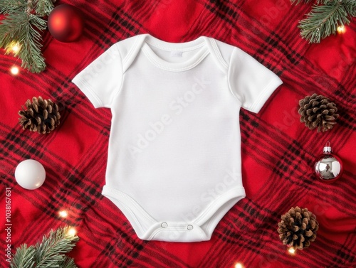 White baby onesie on festive red background with decorations photo