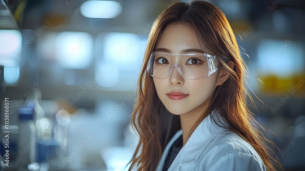 Fototapeta premium Asian Female Chemical Engineer Wearing Lab Coat and Goggles Handling Scientific Equipment and Substances in a Clean Controlled Laboratory Environment for Research and Experimentation
