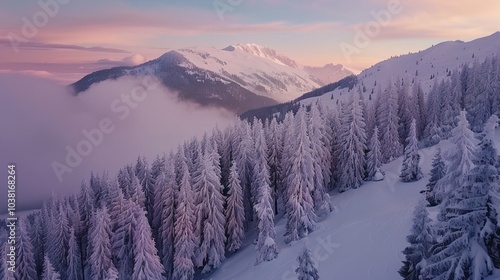 Impressive winter morning in mountains with snow-covered fir trees. Colorful outdoor scene, Happy New Year celebration concept. Art style post-processed photos.