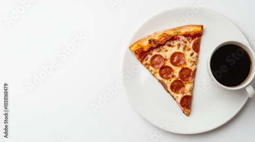 Pepperoni Pizza Slice and Coffee on White Plate - Perfect Lunch Break Meal Concept photo