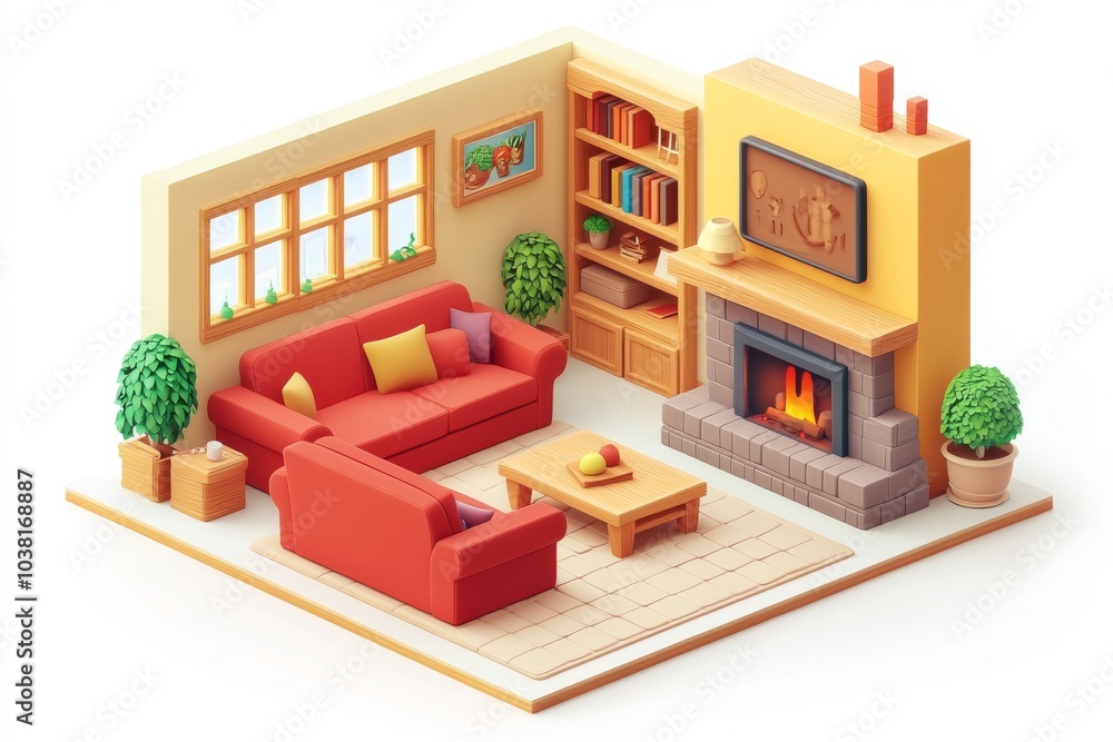 Cozy Living Room Interior with Fireplace Sofa and Bookshelf Cozy Living Room Interior with Fireplace Sofa and Bookshelf