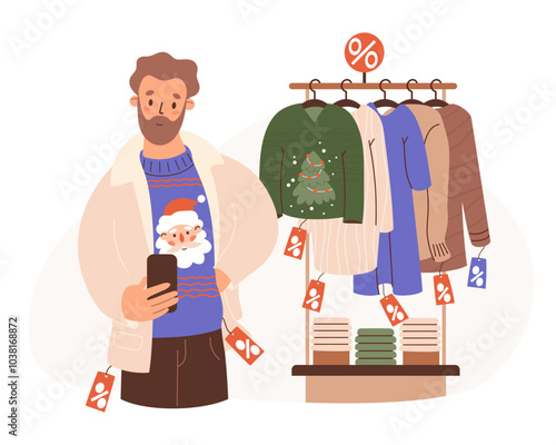 Seasonal Shopping, sale. Man trying ugly Christmas sweater with Santa and takes photo on phone. Nearby there is rack with winter fashionable New Year clothes. Vector illustration. Festive male shopper