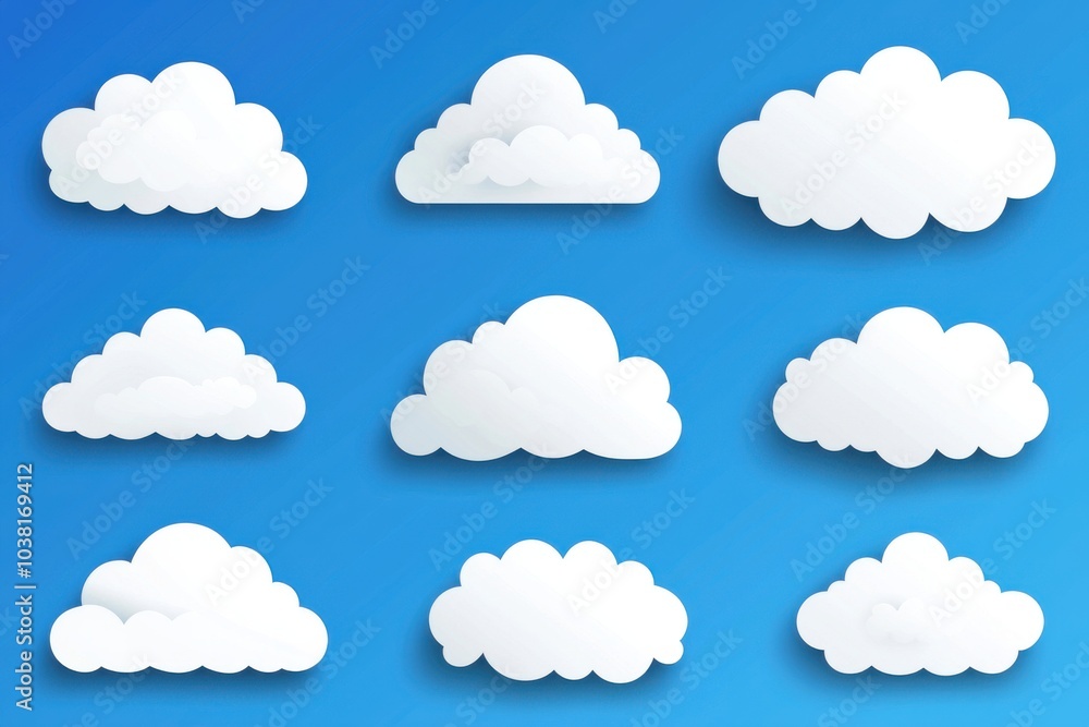 A collection of nine stylized white clouds on a gradient blue background, ideal for graphic design and digital projects. A collection of nine stylized white clouds on a gradient blue background, ideal for graphic design and digital projects.