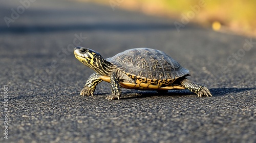 A small turtle walks across a paved road, its shell patterned with black and yellow markings.