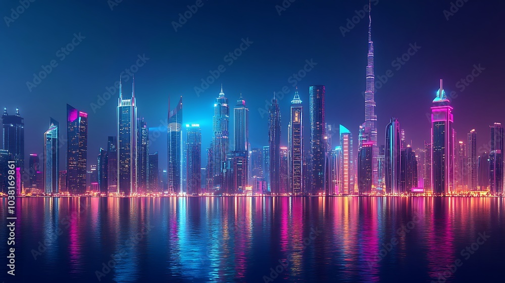 Towering futuristic city glowing bright with neon reflections Towering futuristic city glowing bright with neon reflections