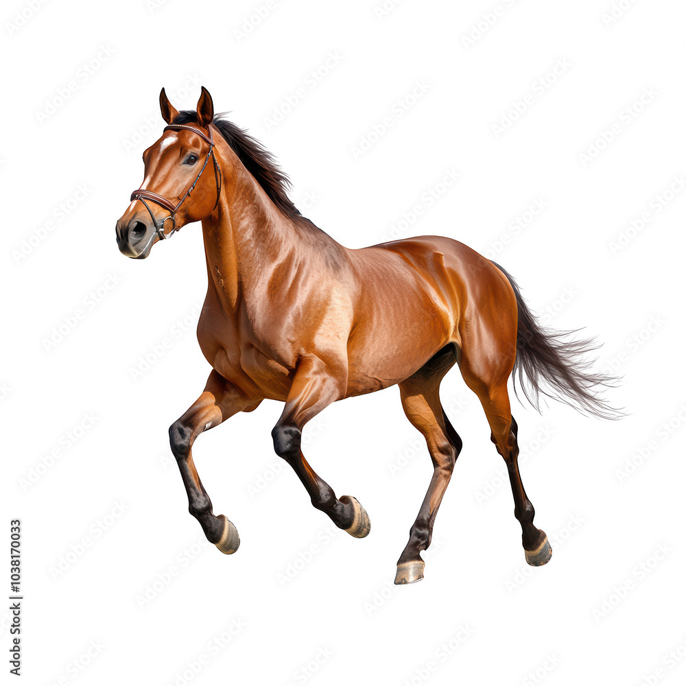 Brown horse running, white isolate background