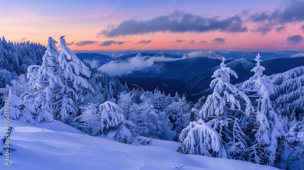 Obraz premium Impressive winter morning in mountains with snow-covered fir trees. Colorful outdoor scene, Happy New Year celebration concept. Art style post-processed photos.