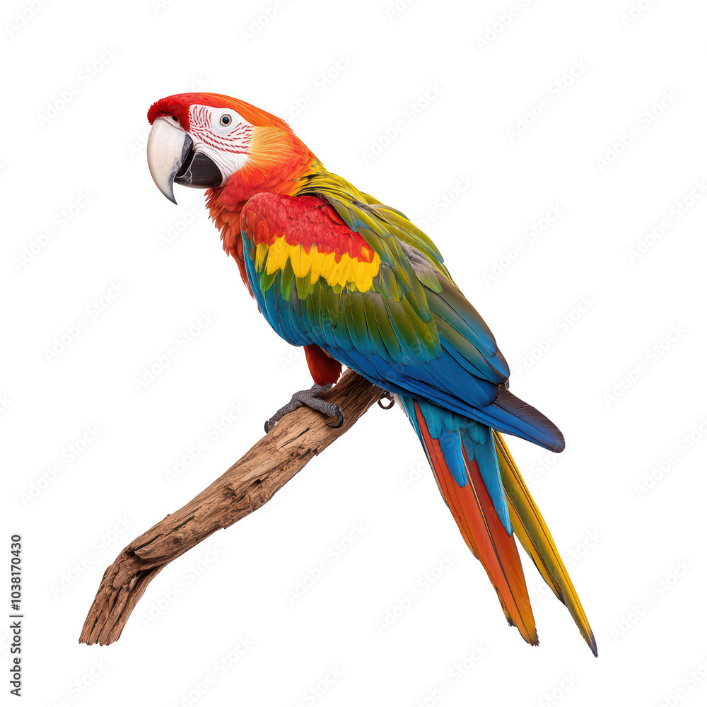 Obraz premium Colorful macaw parrot on branch, white background