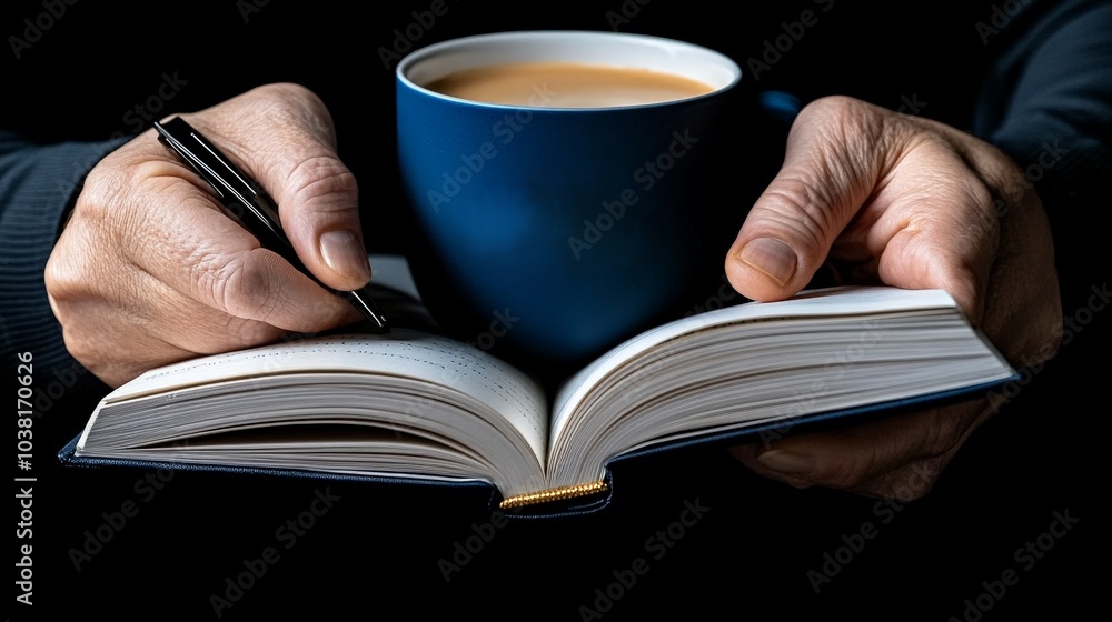 Morning Ritual: A close-up of hands holding a blue mug of coffee and writing in a notebook, capturing the quiet focus and intention of a productive morning routine. Morning Ritual: A close-up of hands holding a blue mug of coffee and writing in a notebook, capturing the quiet focus and intention of a productive morning routine.