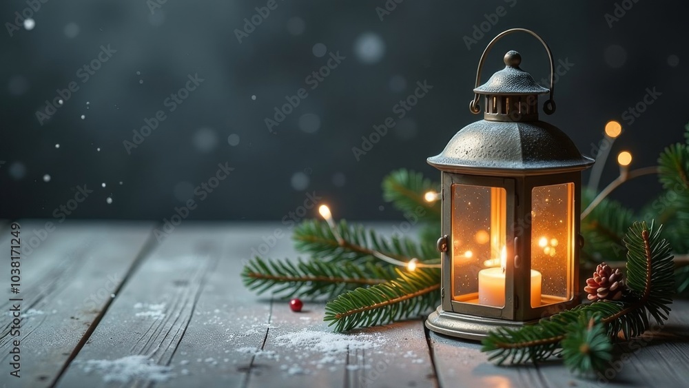 Merry Christmas! Lantern with candles and Christmas tree on a wooden background. Space for text and advertising Merry Christmas! Lantern with candles and Christmas tree on a wooden background. Space for text and advertising