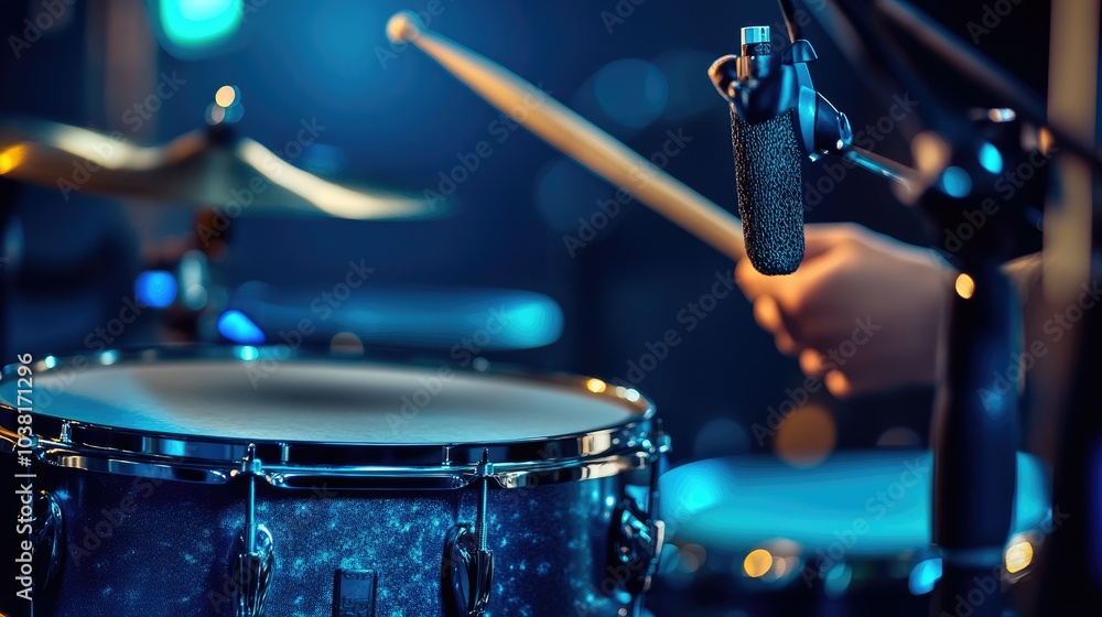 Obraz premium A musician plays a snare drum in a studio, surrounded by professional recording equipment, with studio lighting creating dramatic shadows. --chaos