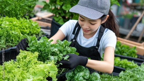 Empowering Women in Sustainable Agriculture A Female Organic Farmer Harvesting Fresh Vegetables from Eco-Friendly Raised Garden Beds