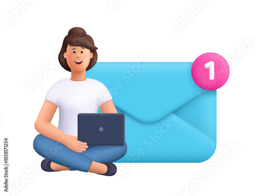 Woman sitting with crossed legs near big envelope with notification, holding laptop. Sending or receiving letters email message. 3d vector people character. Cartoon minimal style.