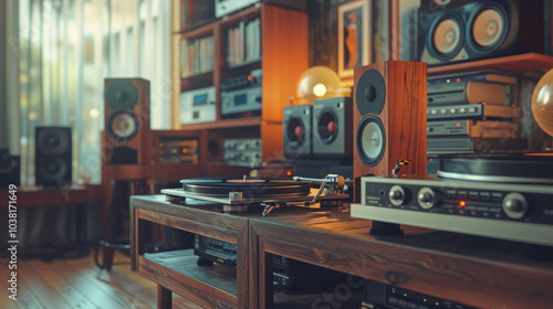 detailed perspective of high end home audio system featuring vintage speakers, turntable, and various audio equipment. warm lighting creates cozy atmosphere, perfect for music lovers