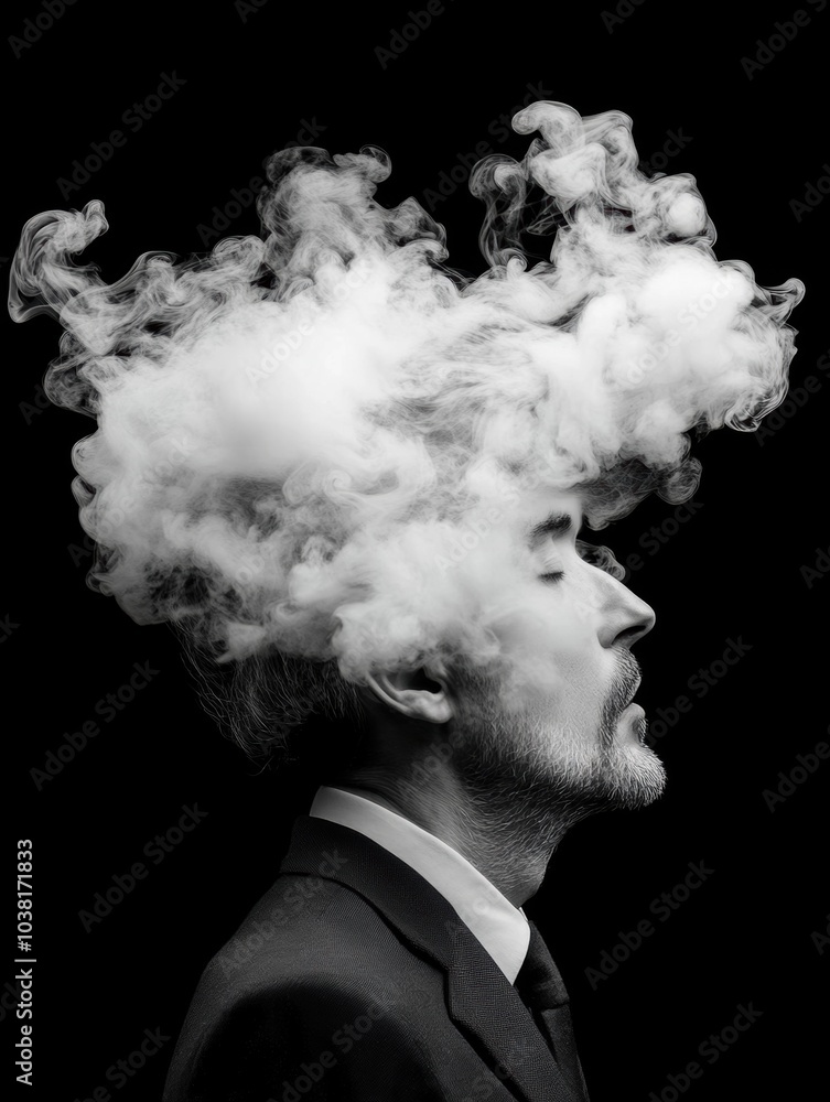 Image of a man in a suit with a halo or cloud of smoke above his head Image of a man in a suit with a halo or cloud of smoke above his head