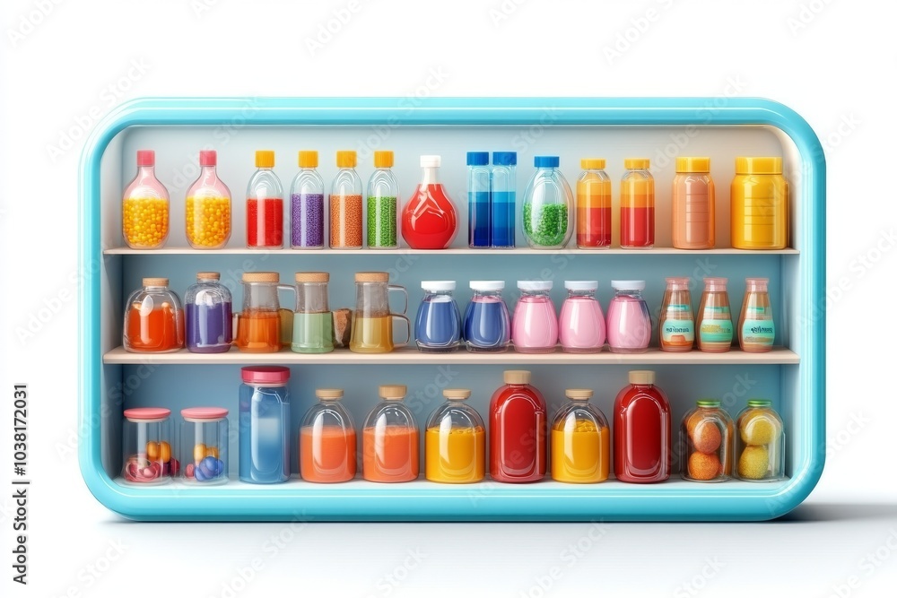 Colorful Glass Bottles and Jars on Shelves with White Background Colorful Glass Bottles and Jars on Shelves with White Background