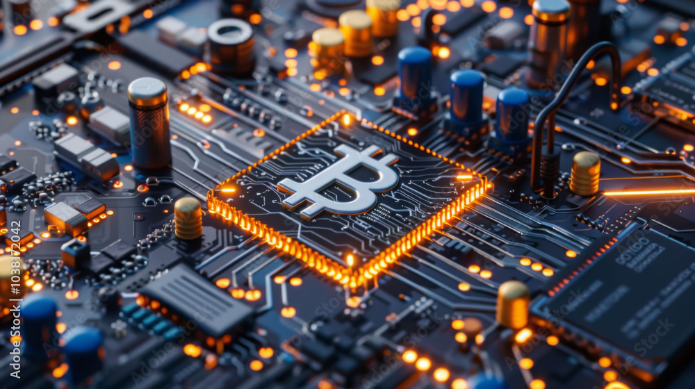 Digital circuit board with Bitcoin symbol, showcasing technology and cryptocurrency. intricate design features glowing elements, representing innovation and modern finance Digital circuit board with Bitcoin symbol, showcasing technology and cryptocurrency. intricate design features glowing elements, representing innovation and modern finance