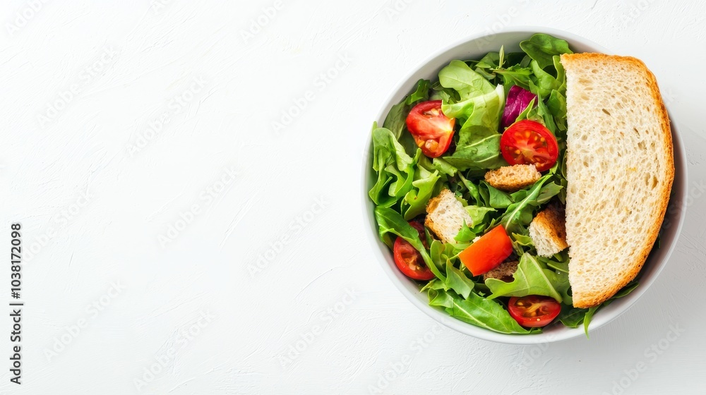 Fresh and Healthy Lunch Break with Salad and Sandwich on White Background Fresh and Healthy Lunch Break with Salad and Sandwich on White Background