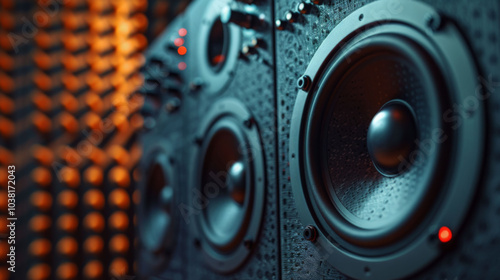 High fidelity speakers in soundproof studio create immersive audio experience. intricate design and powerful sound output enhance music enjoyment and studio recordings